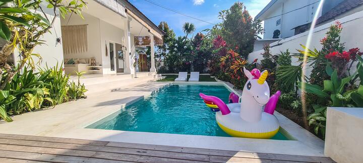 Pool with a unicorn float, sun loungers and flowering plants